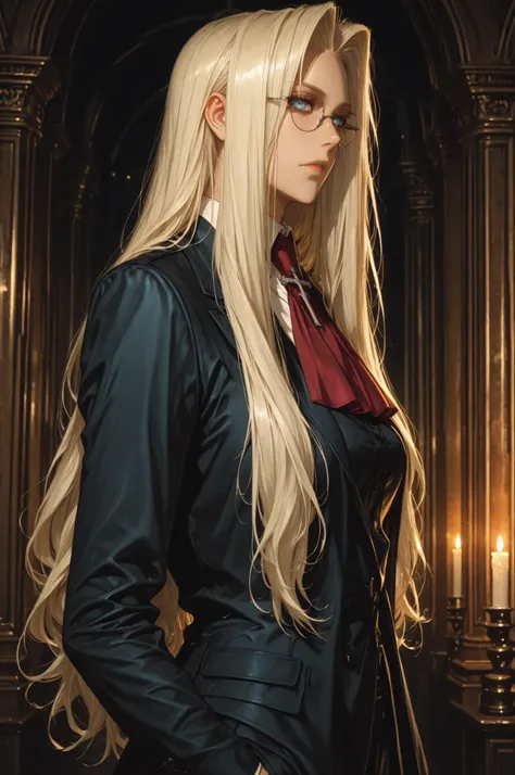 integra hellsing, long hair, blonde hair, blue eyes, glasses, red ascot, cross, formal, suit, pants, high definition eyes, detailed eyes, high gradient eyes, eyesHD, 1 girl, solo, mature female, side view, upper body view, anatomically accurate ratio, deta...