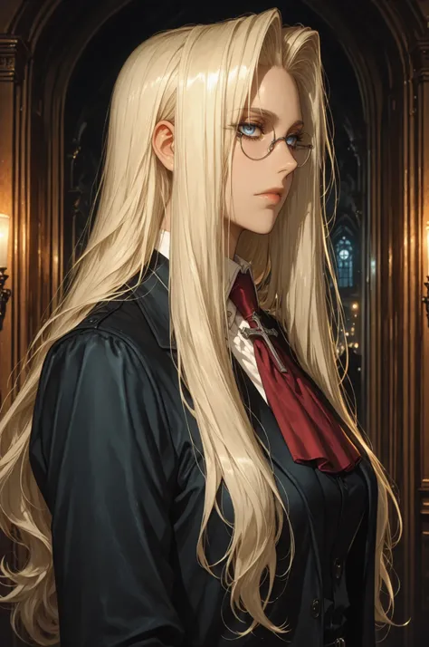 integra hellsing, long hair, blonde hair, blue eyes, glasses, red ascot, cross, formal, suit, pants, high definition eyes, detailed eyes, high gradient eyes, eyesHD, 1 girl, solo, mature female, side view, upper body view, anatomically accurate ratio, deta...