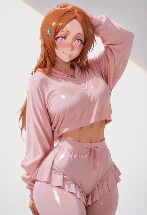 Orihime Inoue, , medium Breasts, inoue orihime, 1girl, solo, soft smile, mature female,, jewelry, necklace, pendant, , blush, drunk,, sweat, sweaty, sweaty:1.3, standing, blush,,, looking at viewer, looking at viewer, best quality, masterpiece, very aesthe...