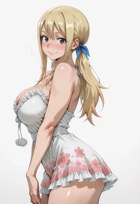 score_9, score_8_up, score_7_up, source_anime, lucy heartfilia, long hair, blonde hair, large breasts, brown eyes,,, blue hair ribbon,, blush, drunk,, , looking at viewer,, , solo,, large breasts,, thick thigs, wide hips, slim waist, mature body, nose blus...