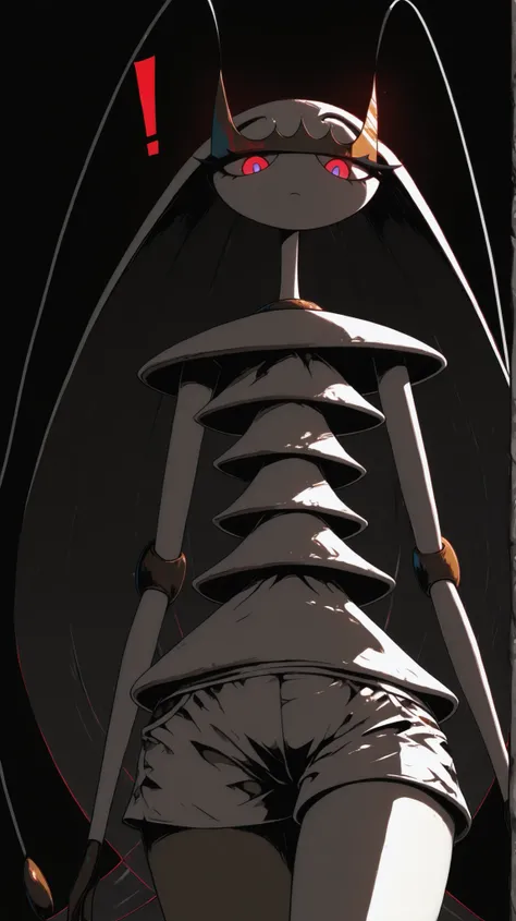 ((Pheromosa from Pokemon)), White Body,white misty forest Background,Wide Hips, Thin Waist, Very Thin Waist, ((Wasp Waist)), Solo, vibrant colors, cel shading, Simplistic Art Style, solo, (red single exclamation mark:1.5),((glowing red eyes:1.4)),(oyabun),...