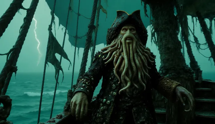 A dramatic low-angle shot of Davy Jones, standing ominously on the weathered deck of the Flying Dutchman, exuding an aura of absolute dominance and terror. His tentacle beard writhes and coils as if alive, reacting to the howling sea winds. His piercing, i...