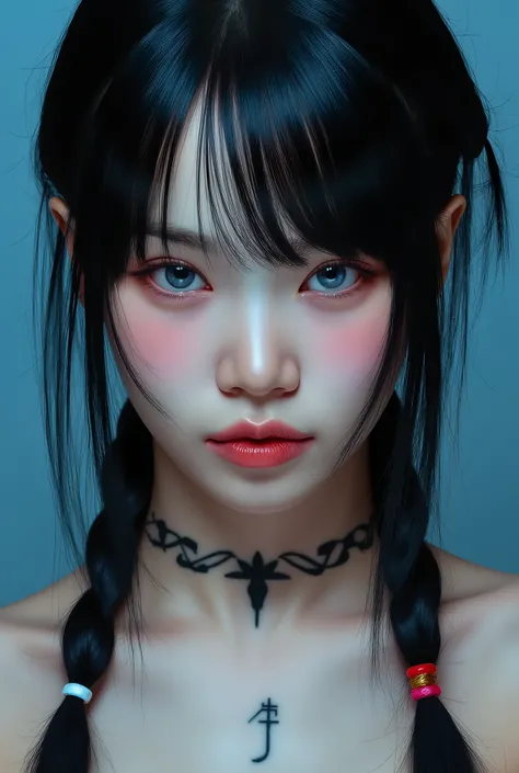 Let it be a blue-eyed girl with black hair and white skin, let them keep a few of her hair braided and get a sword shaped tattoo on her neck 