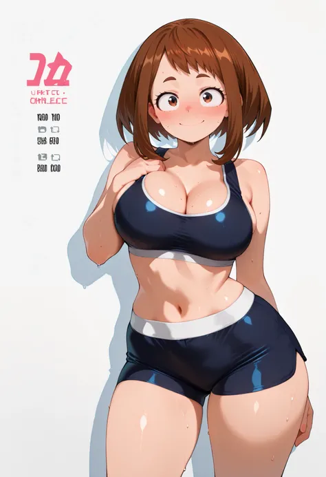 (masutepiece, Best Quality, hight resolution,, Perfect Pixel, depth of fields, 4K), Beautiful anime girl, Perfect body , uraraka ochako ,, ,,, cleavage, navel,, , , jewelry, , , sweat, , ,looking at viewer, , , ,, smile, , blush, with an extremely curvy an...