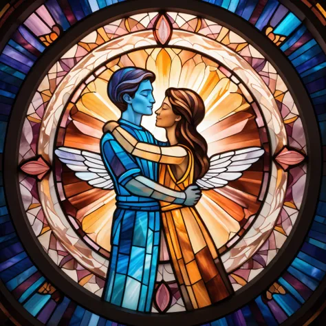 Stained-glass style illustration of a floating ((Hug)), centered in the image, appearing to hover in mid air. The ((Hug)) is intricately drawn in shades of brown, pink, and white, with mosaic-like detail and vivid artistic effect. The background is a lumin...