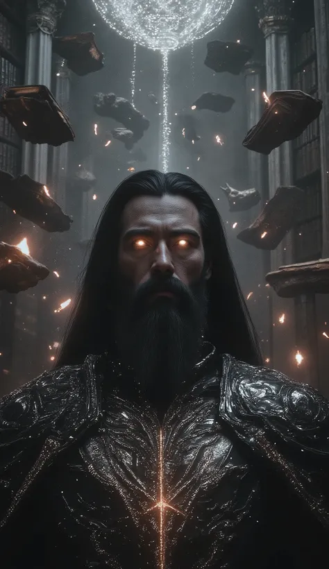 Dark fantasy scene of a bearded archimage standing in a vast magical library filled with towering marble columns and endless shelves of ancient books. Floating tomes and glowing runes illuminate the space with dim, moody light. The archimage has an elegant...