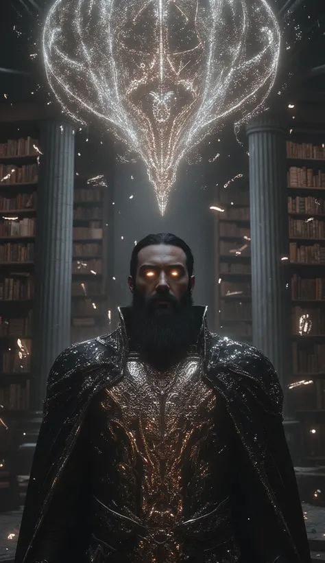 Dark fantasy scene of a bearded archimage standing in a vast magical library filled with towering marble columns and endless shelves of ancient books. Floating tomes and glowing runes illuminate the space with dim, moody light. The archimage has an elegant...