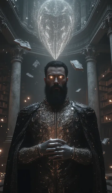 Dark fantasy scene of a bearded archimage standing in a vast magical library filled with towering marble columns and endless shelves of ancient books. Floating tomes and glowing runes illuminate the space with dim, moody light. The archimage has an elegant...