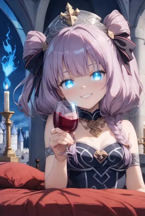 masterpiece,Super Detailed,beautiful faces,And high-precision,(cuteデビルズ・ローズの暗殺者の女の子:1.5),(ONE WOMAN),(she's inside the castle:1.5),(there are multiple blue fireballs floating:1.5),behind the bed {x} There is a devil's candlestick behind the bed、Candlelight...