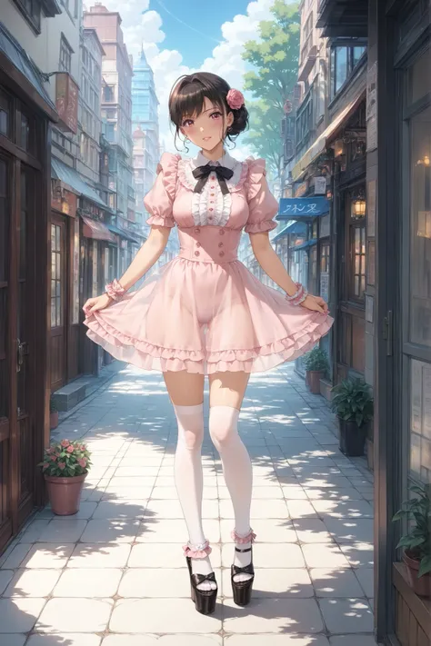 ((inspired by )),((inspired by Animation Style:1.5)),(masterpiece, best quality),beautiful, beautiful-woman, ((detailed face)).(full body:1.3).,
,
,
((The woman is wearing jirai-kei fashion)),pink frilled shirt with short puff sleeves, black neck ribbo...