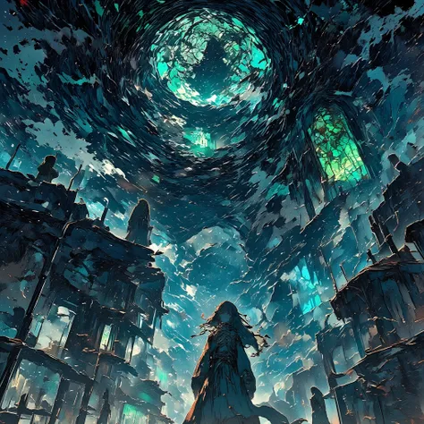 Illustration style,Ancient gothic castle shrouded in ethereal mist, floating spectral figures in tattered medieval robes drifting through crumbling stone arches, moonlight piercing through broken stained glass windows casting eerie shadows, ghostly blue-gr...