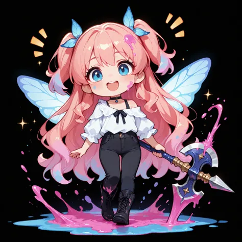 masterpiece, high quality, ultra-detailed,

chibi, solo, fairy, 1 girl, very long hair, hip-length hair, warm pink hair, wavy hair, half up hair, two side up hair, purple and blue liquid splash on hair, blue eyes, pink liquid on cheek, happy expression, sm...