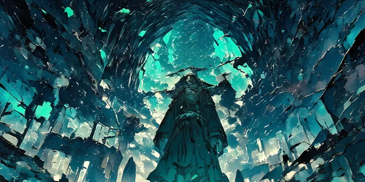 Ancient gothic castle shrouded in ethereal mist, floating spectral figures in tattered medieval robes drifting through crumbling stone arches, moonlight piercing through broken stained glass windows casting eerie shadows, ghostly blue-green luminescence em...