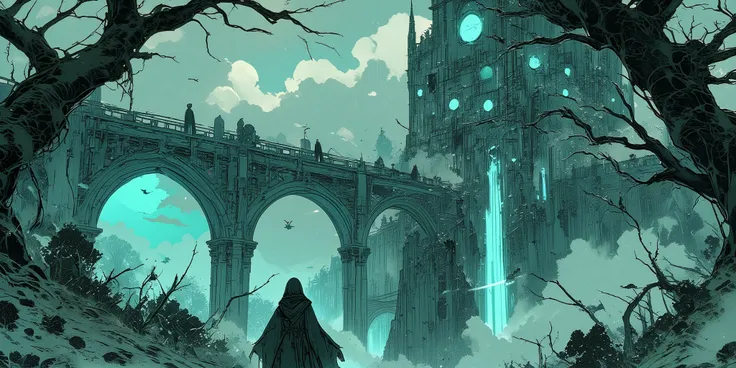 Ancient gothic castle shrouded in ethereal mist, floating spectral figures in tattered medieval robes drifting through crumbling stone arches, moonlight piercing through broken stained glass windows casting eerie shadows, ghostly blue-green luminescence em...