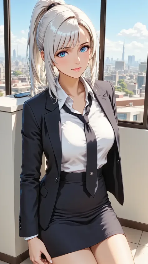 Full body high angle shot of a professional anime woman in a commanding pose. Sleek ponytail hairstyle. Confident expression. Bold red lipstick and refined makeup. Suit jacket and pencil skirt. Modern office building background. Vertical (9:16).