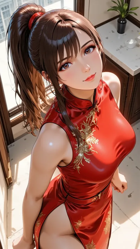 Full body high angle shot of a professional anime woman in a commanding pose, Sleek ponytail hairstyle, Confident expression, Bold red lipstick and refined makeup, light smile, Wearing Cheongsam