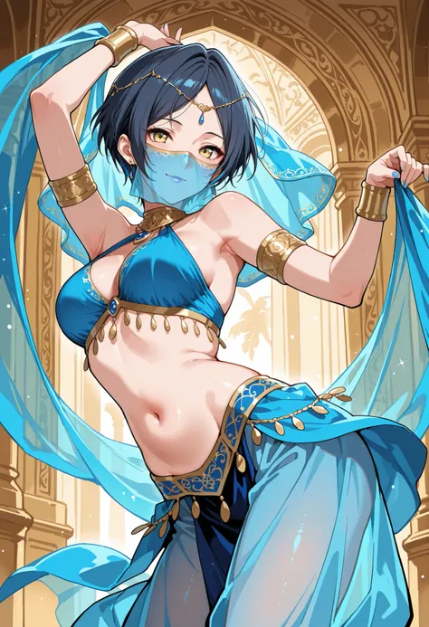 Score_9, score_8_up, score_7_up, source_anime, hayami kanade, solo, parted bangs, short hair, dark blue hair, yellow eyes, (best quality), (high quality), {masterpiece}, extremely delicate and beautiful, ultra-detailed, beautiful detailed eyes, blue arabia...