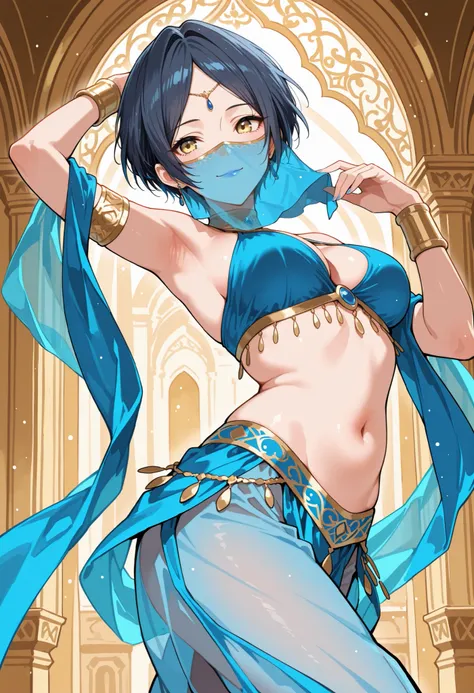 Score_9, score_8_up, score_7_up, source_anime, hayami kanade, solo, parted bangs, short hair, dark blue hair, yellow eyes, (best quality), (high quality), {masterpiece}, extremely delicate and beautiful, ultra-detailed, beautiful detailed eyes, blue arabia...