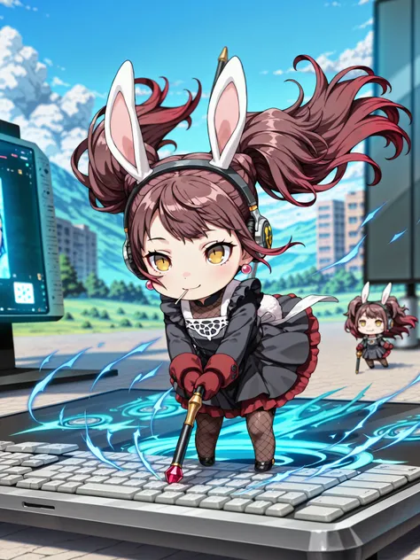 ((language: Japanese、English)、(Masterpiece), (Highest Quality), (High Score), (High Resolution),(4k),Uncensored,),
(fantasy、(Daytime)、(夜null)、(Outdoors)、(chibi girl,chibi-style),,solo,),
(,(Magical World、null、Above the Clouds、countless monitors floating ...