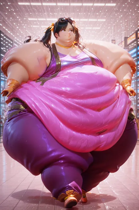 1girl, solo, masterpiece, best quality, retro art style, 1980s\(style\), Ling Xiaoyu, long hair, black hair, twin tails, brown eyes, Asian, yellow ribbon, olive skin, sunglasses on head, gloves, scarf, purple pants, purple t-shirt, bare shoulders, hyper ob...