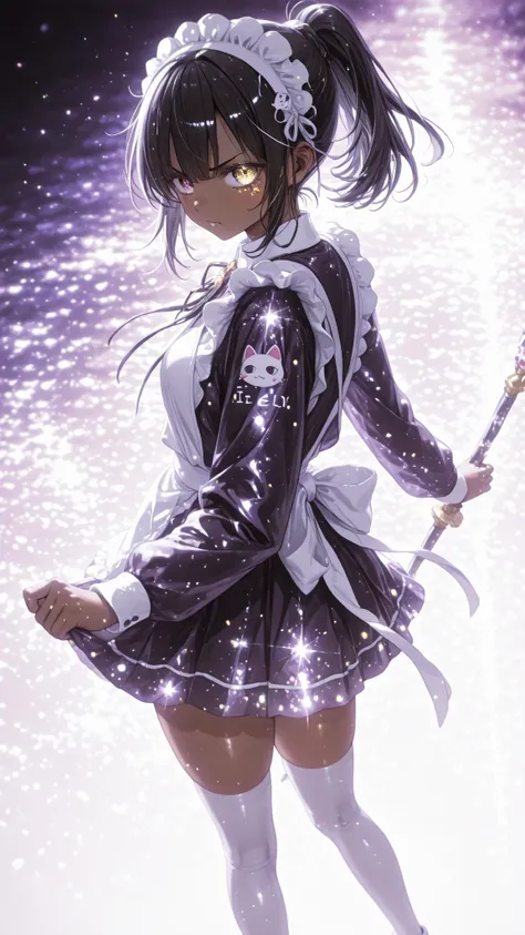 uniform brown skin High Angle black hair ponytail {{{(Gold's unusual eyes), (purple odd-eye)}}} white maid headband Get a little angry and feel like you're saying 、I feel like I'm saying it The color on the inside is gold Purple light particles lots...