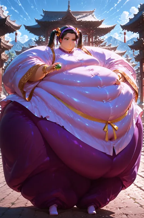 1girl, solo, masterpiece, best quality, retro art style, 1980s\(style\), Ling Xiaoyu, long hair, black hair, twin tails, brown eyes, Asian, yellow ribbon, olive skin, , hair slicked back, long hair, purple hairband, Japanese clothes, wide sleeves, purple p...