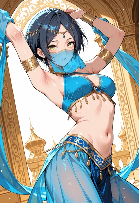 Score_9, score_8_up, score_7_up, source_anime, hayami kanade, solo, parted bangs, short hair, dark blue hair, yellow eyes, (best quality), (high quality), {masterpiece}, extremely delicate and beautiful, ultra-detailed, beautiful detailed eyes, blue arabia...