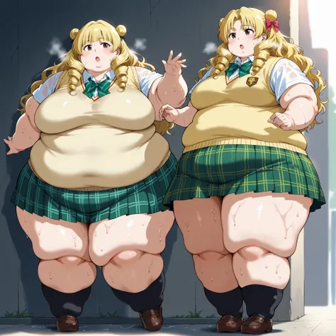 long hair,blonde hair,curly hair,double bun,twin drills,hair bow,hair ribbon,bangs,brown eyes school uniform,sweater vest,yellow vest,white shirt,collared shirt,green bowtie,short sleeves,medium breasts,miniskirt,green skirt,plaid skirt,pleated skirt,black...