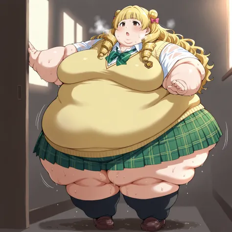 long hair,blonde hair,curly hair,double bun,twin drills,hair bow,hair ribbon,bangs,brown eyes school uniform,sweater vest,yellow vest,white shirt,collared shirt,green bowtie,short sleeves,medium breasts,miniskirt,green skirt,plaid skirt,pleated skirt,black...