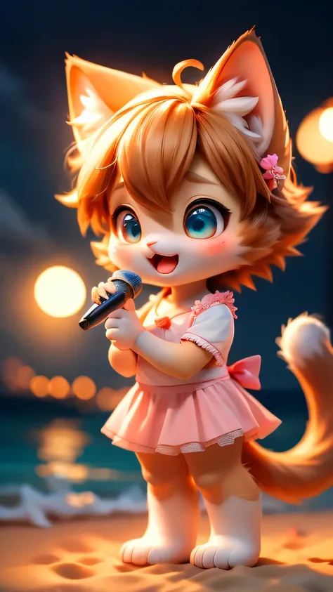 Sandy Beach、ocean 、moonlight、cute cat dressed in pink、Singing cat、mike