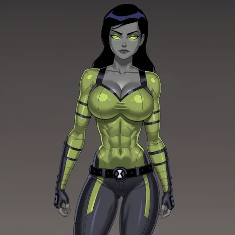 {{masterpiece, ultra-high quality, professionally detailed, professionally shaded}}, score_9_up,safe_pos, solo, 1girl, long hair, black hair, grey skin, no pupils, green eyes, green sclera, glowing eyes, pants, black pants, varmbraces, armelt, fingerless g...