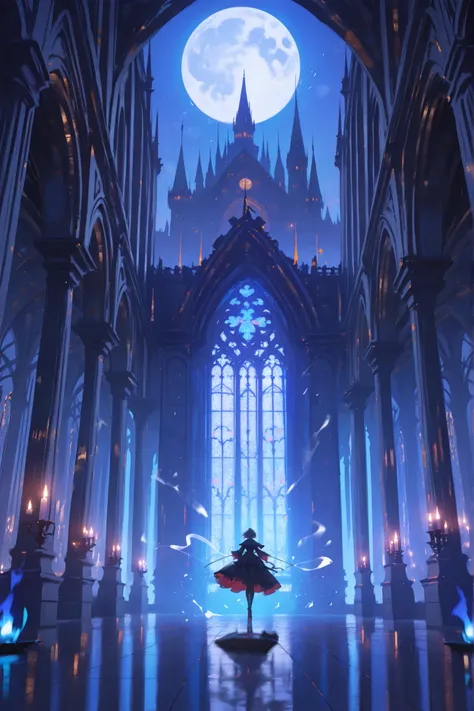 A vast phantom castle shrouded in mist under a full moon, ancient stone walls glowing faintly with ghostly blue light, endless corridors and decaying halls filled with flickering candlelight and drifting spirits, each room hinting at an unfinished story — ...