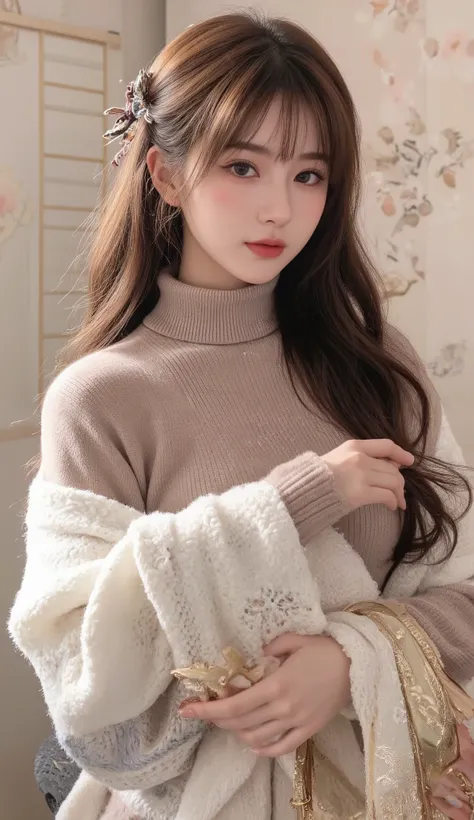 Girl wearing, luxury   skin. Color turtle neck sweater  , long wavy thick hair, glowing skin, red lips, suitable background, Japanese background with good lighting , cute poses , upper body, brown hair, ,  nose blush, holding a gold purse, long shawl on sh...