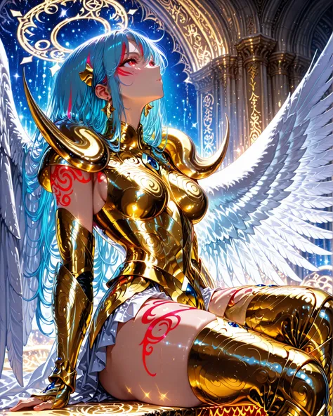 side angle, (masterpiece, 4k, ultra detailed, vivid and vibrant colors), {1woman}: (a beautiful and attractive woman, with thick thighs, long blue hair with red streaks, rectangular red eyes, earring in the ears with blue jewels, the character has a single...