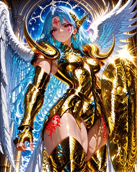 front angle, (masterpiece, 4k, ultra detailed, vivid and vibrant colors), {1woman}: (a beautiful and attractive woman, with thick thighs, long blue hair with red streaks, rectangular red eyes, earring in the ears with blue jewels, the character has a singl...