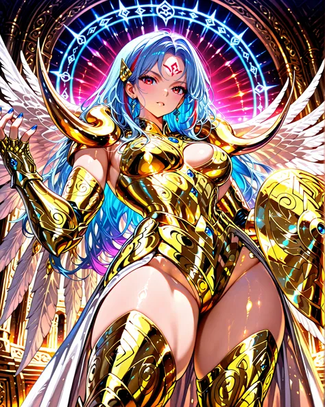 front angle, (masterpiece, 4k, ultra detailed, vivid and vibrant colors), {1woman}: (a beautiful and attractive woman, with thick thighs, long blue hair with red streaks, rectangular red eyes, earring in the ears with blue jewels, the character has a singl...