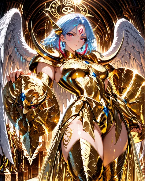 front angle, (masterpiece, 4k, ultra detailed, vivid and vibrant colors), {1woman}: (a beautiful and attractive woman, with thick thighs, long blue hair with red streaks, rectangular red eyes, earring in the ears with blue jewels, the character has a singl...