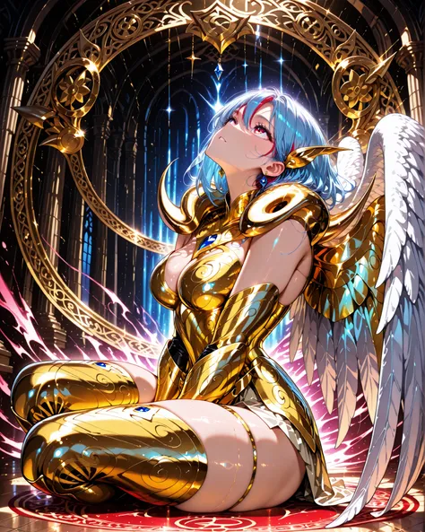 side angle, (masterpiece, 4k, ultra detailed, vivid and vibrant colors), {1woman}: (a beautiful and attractive woman, with thick thighs, long blue hair with red streaks, rectangular red eyes, earring in the ears with blue jewels, the character has a single...