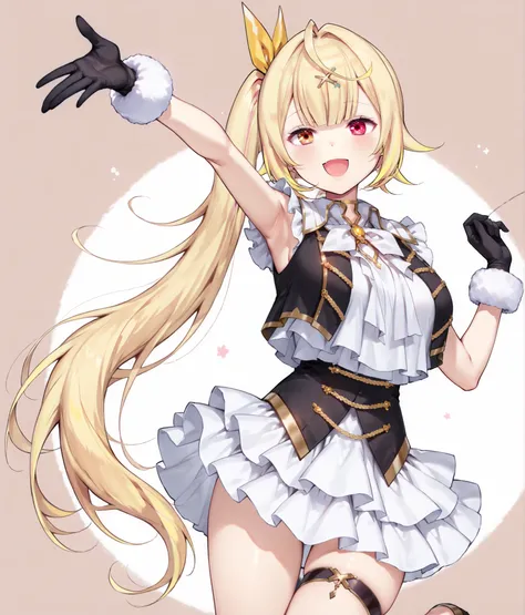 nijisaracos,white shirt,frills shirt,shirt overhang,sleeveless,black vest,crop top vest,open vest,aiguillette,gold trim,white bow,yellow brooch,high-waist skirt,((white skirt,frilled skirt,layered skirt)),single thigh strap,fur-trimmed gloves,((large White...