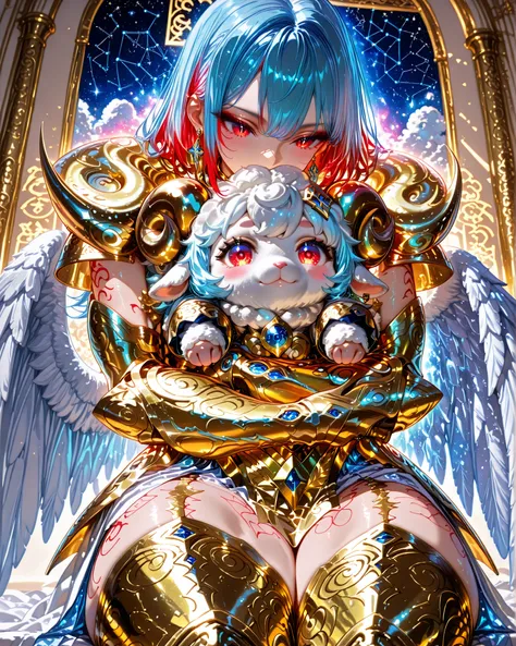 Front angle, close-up, (masterpiece, 4k, ultra detailed, vivid and vibrant colors), {1woman}: (a beautiful and attractive woman, with thick thighs, long blue hair with red highlights, rectangular red eyes, earring in the ears with blue jewels, the characte...