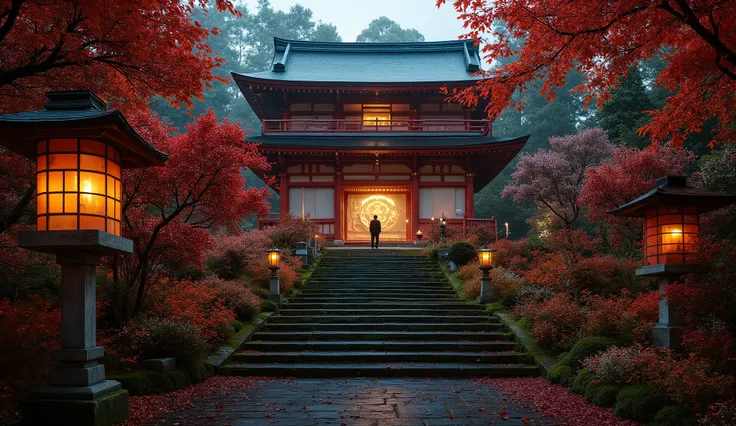(An old vermilion Japanese temple that appears when you climb the mossy stone steps:1.5),(A grand old shrine that appears when you climb the mossy stone steps:1.5), (There are glowing fireflies flying all around:1.5),Mysterious Worldviews,fantastic atmosph...