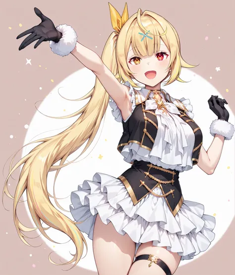 nijisaracos,white shirt,frills shirt,shirt overhang,sleeveless,black vest,crop top vest,open vest,aiguillette,gold trim,white bow,yellow brooch,high-waist skirt,((white skirt,frilled skirt,layered skirt)),single thigh strap,fur-trimmed gloves,((large White...