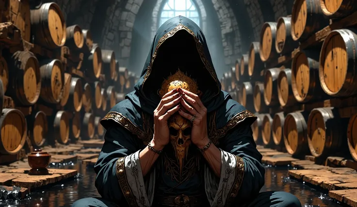 human being hooded in supplication posture, expressively human hands with visible veins and tendons holding an ornate mask made of wood away from the same barrels, of the face to reveal the disturbing absence of features - just human skin stretched over a ...