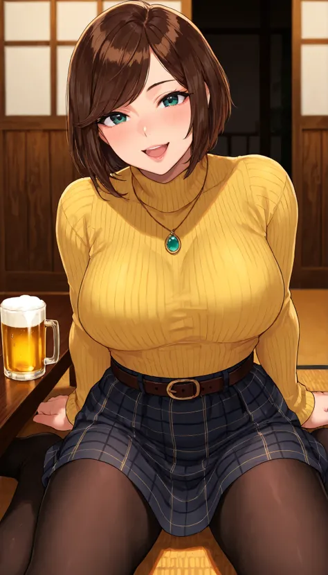  masterpiece, best quality, 1 woman ,an adult female, solo ,brown hair, swept bangs, short bob hair, looking at viewer, smile, open mouth,rouge lips  ,turtleneck,pendant,belt plaid skirt,pantyhose,wariza ,sitting,hands on hips, Japanese room ,in Japanese p...