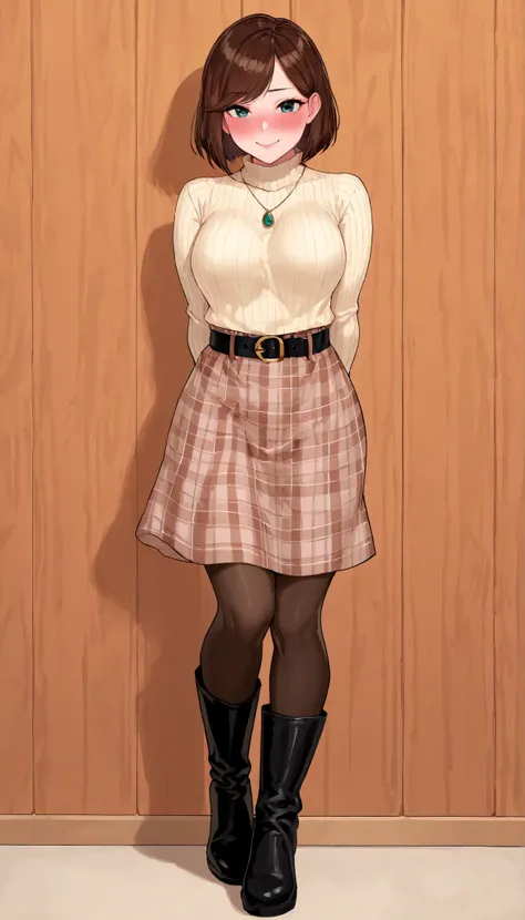 masterpiece, best quality, 1 woman ,an adult female, solo, brown hair, swept bangs, short bob hair, looking at viewer, smile, closed mouth,rouge lips ,turtleneck,pendant,belt plaid skirt,pantyhose,long boots, standing arms behind back ,blushing, Japanese ...