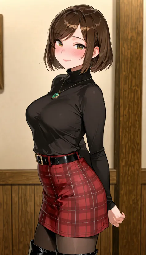  masterpiece, best quality, 1 woman ,an adult female, solo, brown hair, swept bangs, short bob hair, looking at viewer, smile, closed mouth,rouge lips ,turtleneck,pendant,belt plaid skirt,pantyhose,long boots, standing arms behind back ,blushing, Japanese ...
