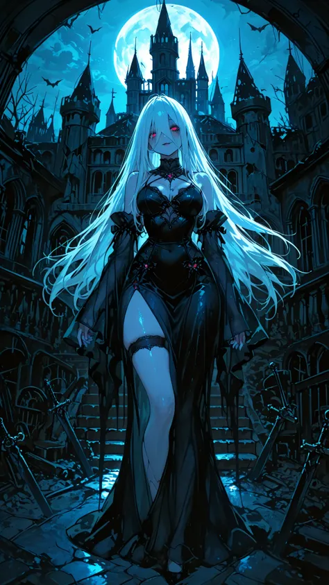 Abandoned Castle,Moonlit Night,ghost woman,horror,1girl,mysterious,sexy dress,,,,dynamic,anime,masterpiece,Highest Quality,great quality,Extraordinarily beautiful,Newest,
