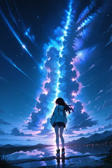 wide shot of an anime girl wearing a hoodie standing under a vast night sky, ultra-detailed stars and glowing nebula clouds, dreamy galaxy aesthetic, millions of twinkling stars, cosmic hues of deep blue and violet, soft moonlight reflection, gentle wind m...