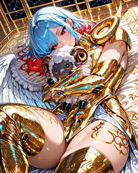 Front angle, close-up, (masterpiece, 4k, ultra detailed, vivid and vibrant colors), {1woman}: (a beautiful and attractive woman, with thick thighs, long blue hair with red highlights, rectangular red eyes, earring in the ears with blue jewels, the characte...