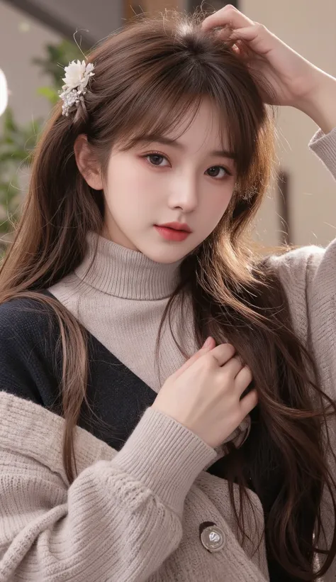 Girl wearing, luxury   skin. Color turtle neck sweater  , long wavy thick hair, glowing skin, red lips, suitable background, Japanese background with good lighting , cute poses , upper body, brown hair, ,  nose blush, making her hairs, hand on head back,  ...